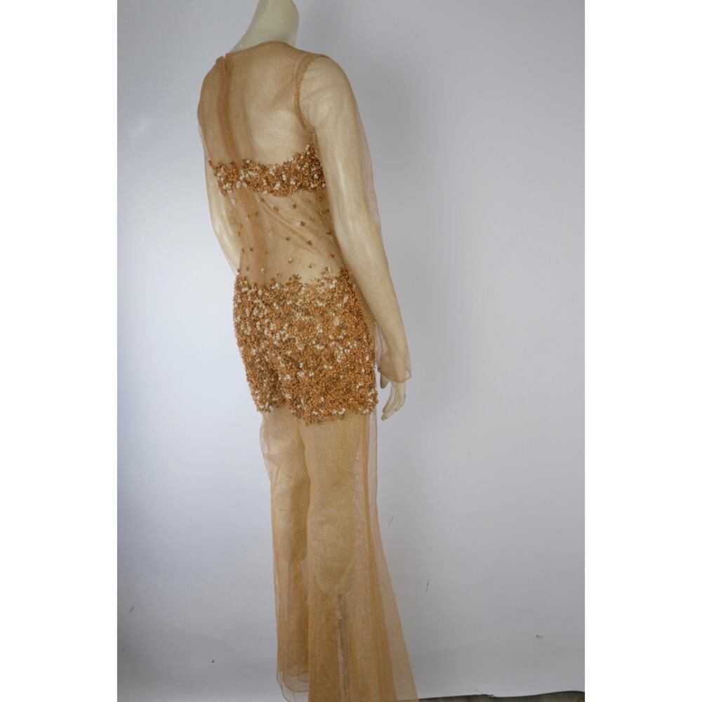 VTG One of a Kind Couture Jumpsuit Sheer Metallic Gold Beaded Wide Leg Designer - Picture 14 of 16